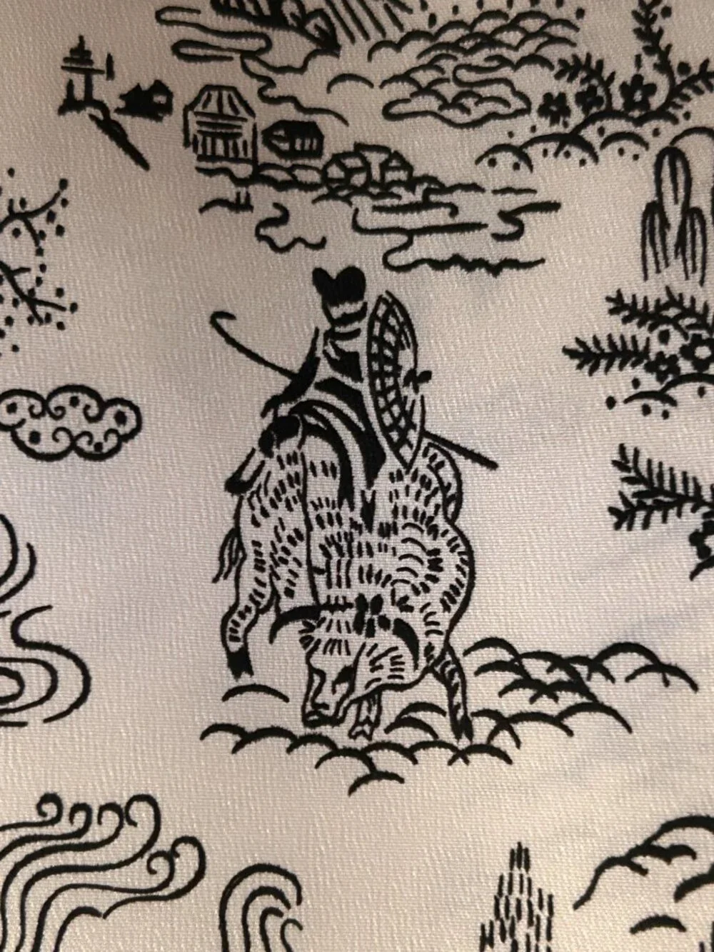 Vintage Toile Asian Scenes Satin Black & White Fabric LONG PIECE 44 x 275 inch
